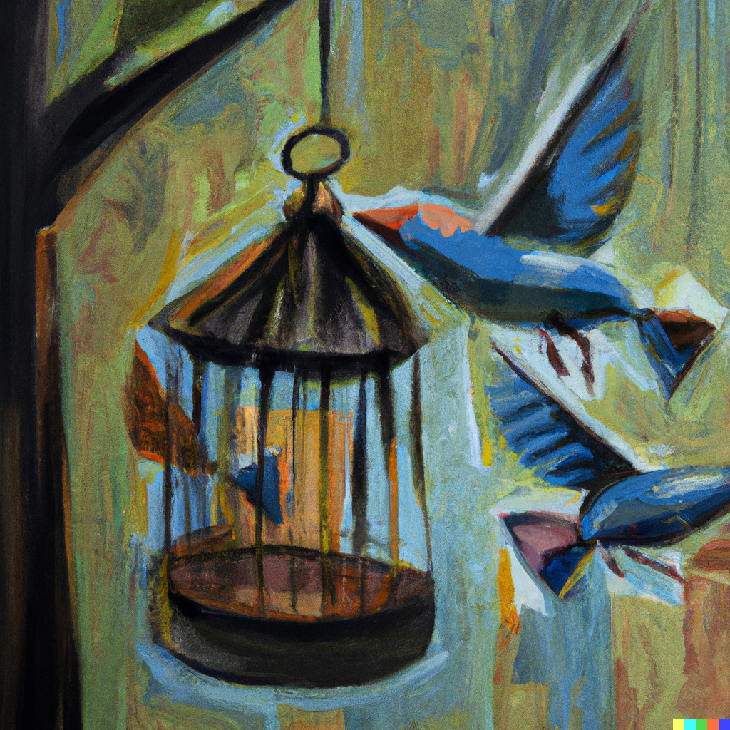 a cubistic oil painting of birds in a cage that is open. one bird is flying out of the cage - KI-Kunst