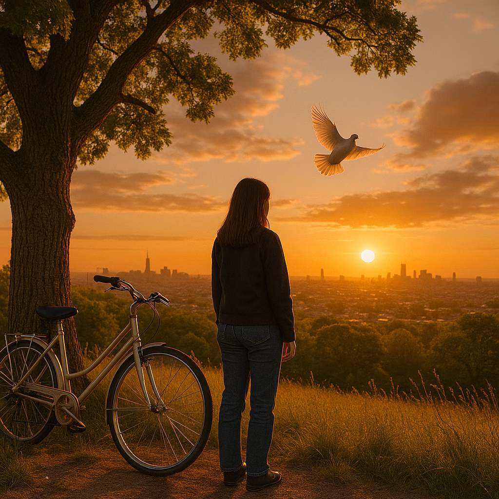 Junge Frau im Sonnenuntergang mit Fahrrad mit Blick auf die Stadt - realistische KI Bilder