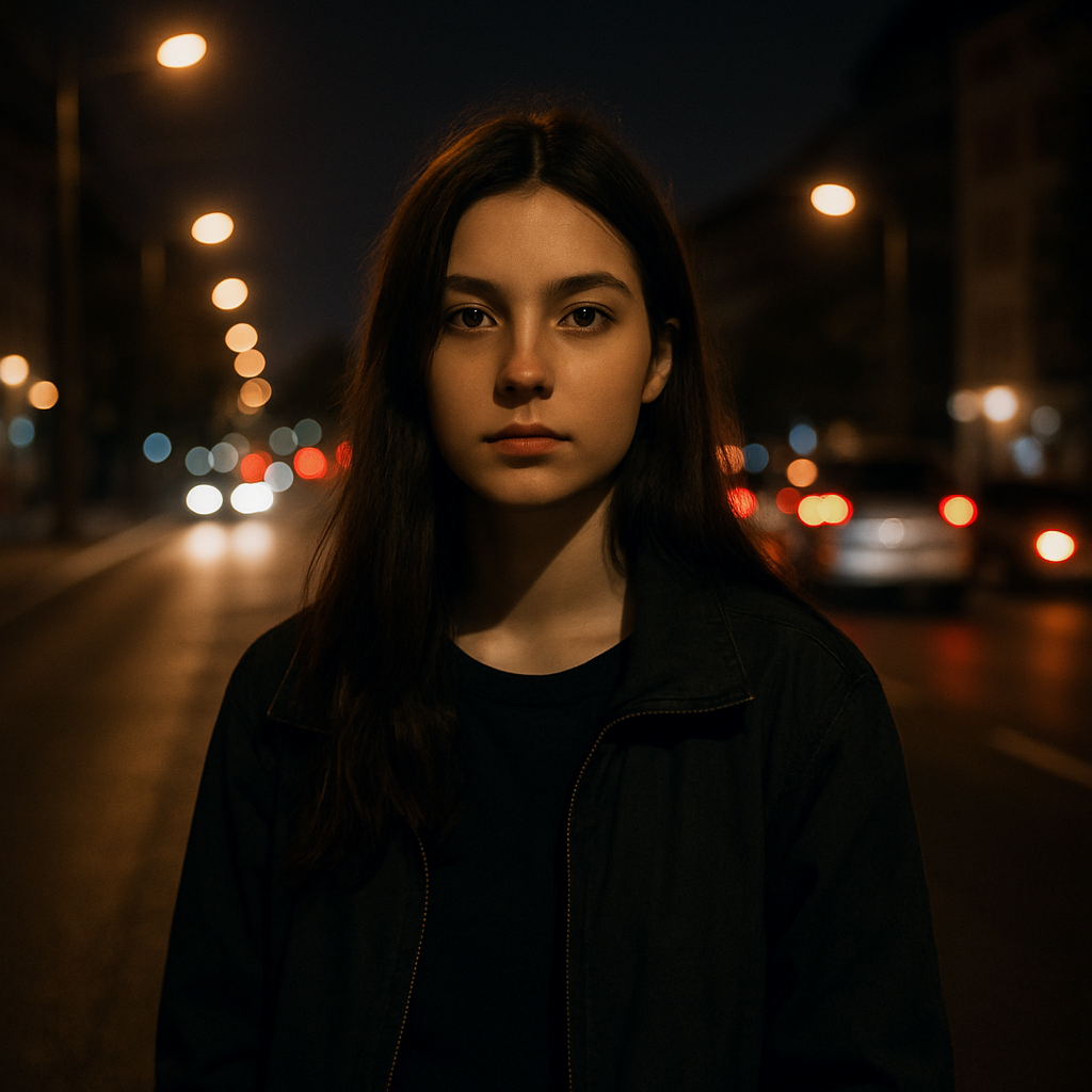 Eine junge Frau vor einer Straße am späten Abend