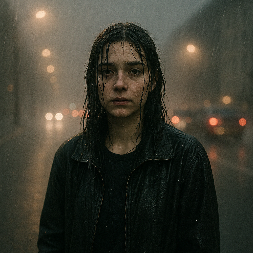 Junge Frau auf der Straße im Regen - realistische KI Bilder