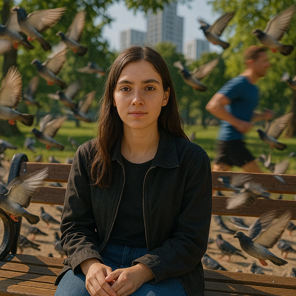 Junge Frau im Park mit fliegenden Tauben