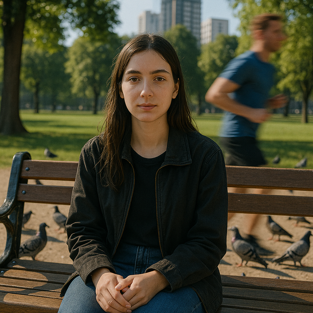 Junge Frau im Park mit Tauben und Jogger